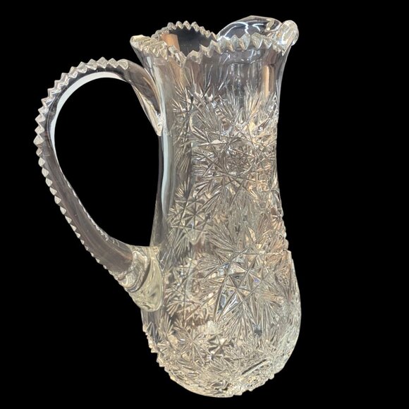 Vintage Cut Crystal Glass Pitcher Intricate Starburst Design & Ribbed Handle - Picture 6 of 13